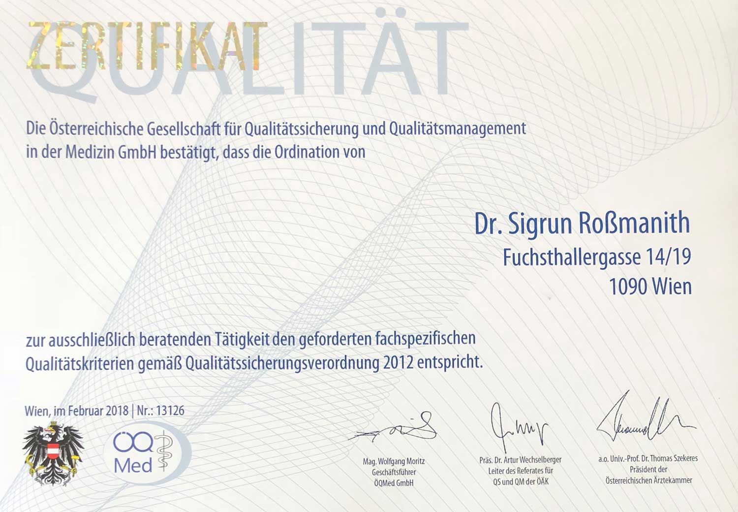 Zertifikat der Österreichischen Gesellschaft für Qualitätssicherung und Qualitätsmanagement in der Medizin