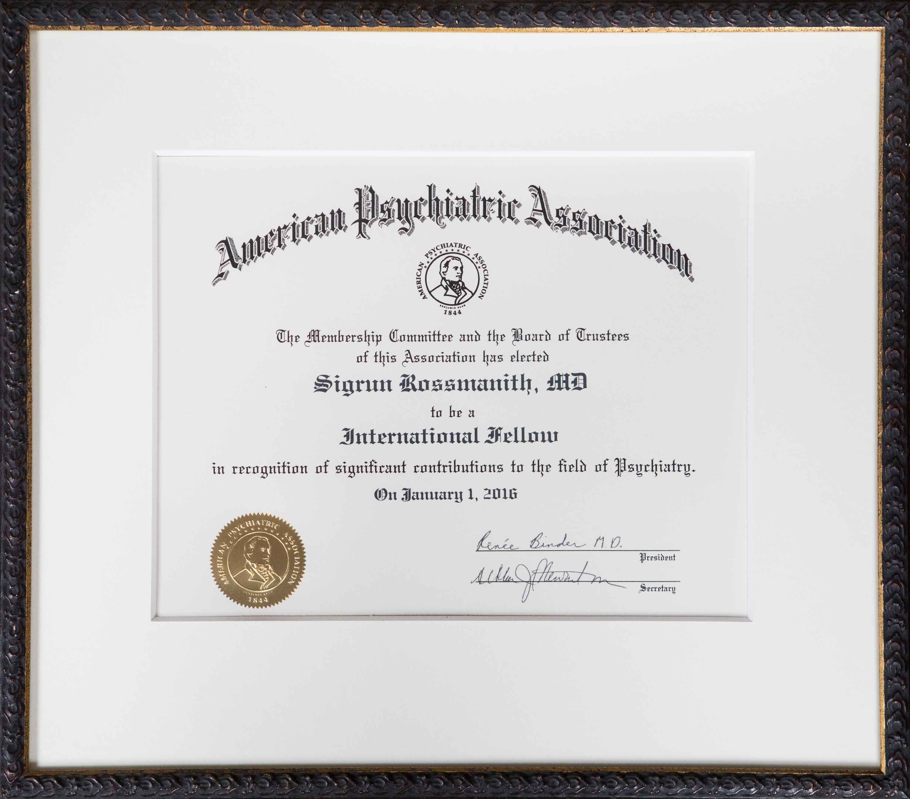 Mitgliedschaftsurkunde der American Psychiatric Association verliehen an Dr. Sigrun Rossmanith